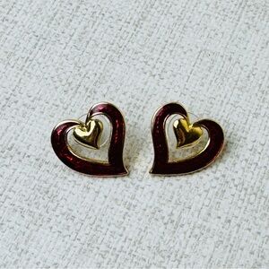 Vintage Avon Gold Tone Red Enamel Heart Pierced Earrings